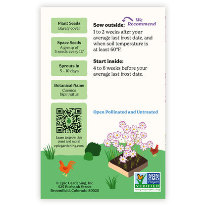 Fizzy Rose Picotee Cosmos seed packet, showing planting instructions, a QR code, and a small illustration of a potted plant with flowers. The card includes the Epic Gardening logo and a Non-GMO Verified seal.