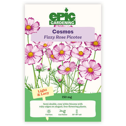 A seed packet for 'Epic Gardening' Cosmos 'Fizzy Rose Picotee' showing pink and white cosmos flowers with green stems on an off-white background with green and purple text blocks.