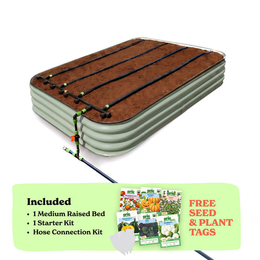 A raised garden bed in mist green color filled with soil, shown with drip irrigation tubing laid across the top. A light green promotional banner at the bottom lists included items: 1 15-inch tall medium raised bed, 1 starter kit, and hose connection kit, with a small image of seed packets and the text 'Free Seed & Plant Tags'.
